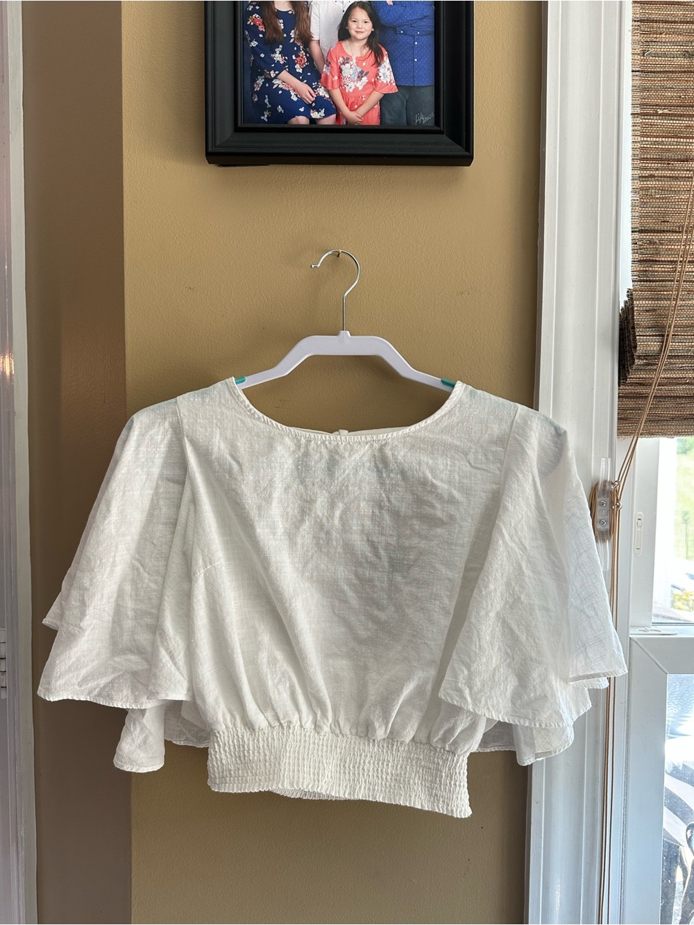 Forever 21 White Flutter Sleeve Smocked Waist Blouse